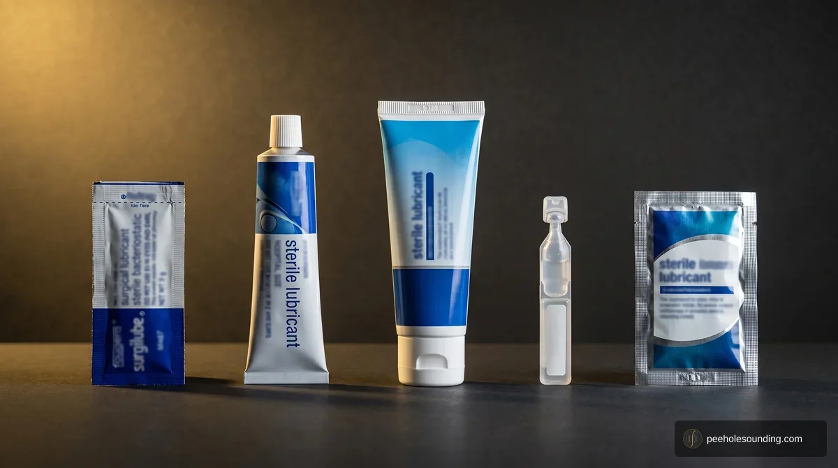 Various sterile medical lubricant packaging types: tubes, single-use sachets, and a plastic vial, for clinical use.