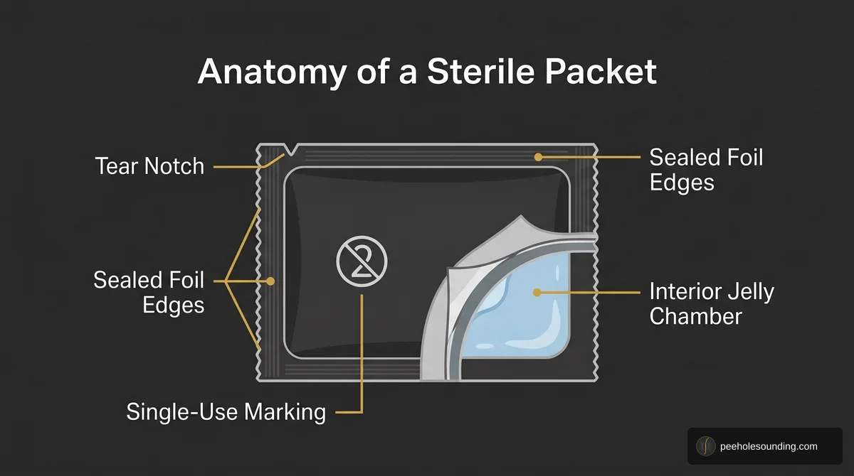 Anatomy diagram of a sterile packet, showing tear notch, sealed foil edges, single-use marking, and interior jelly chamber.
