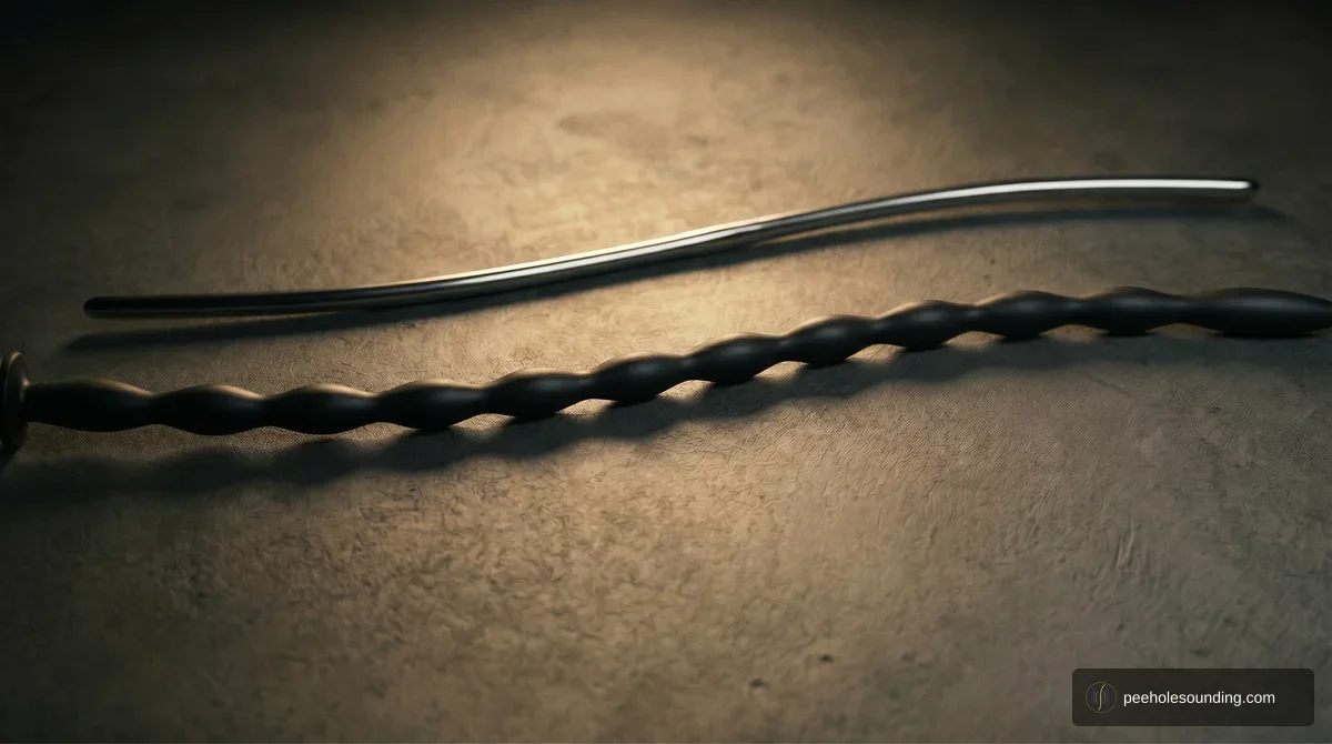 Two urethral sounds side-by-side on dark textured fabric: a curved polished stainless steel sound on the left and a matte black beaded silicone dilator on the right.