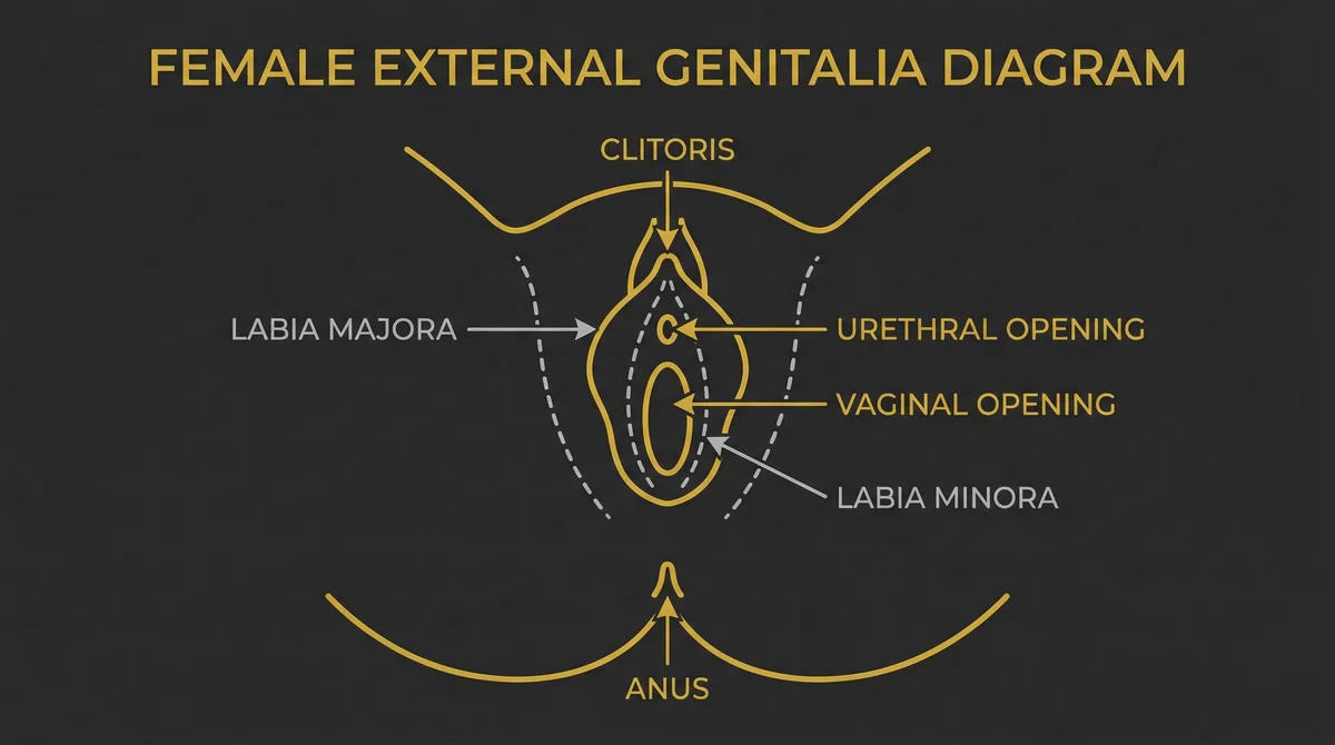Anatomy diagram of female external genitalia, labeled with clitoris, labia majora, labia minora, urethral, vaginal, and anal openings.