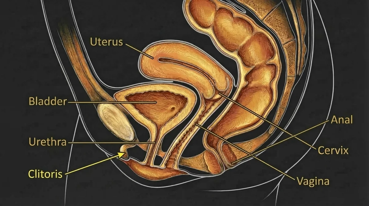 Sagittal anatomical diagram of female pelvic organs, including uterus, bladder, urethra, clitoris, vagina, cervix, and anal canal.