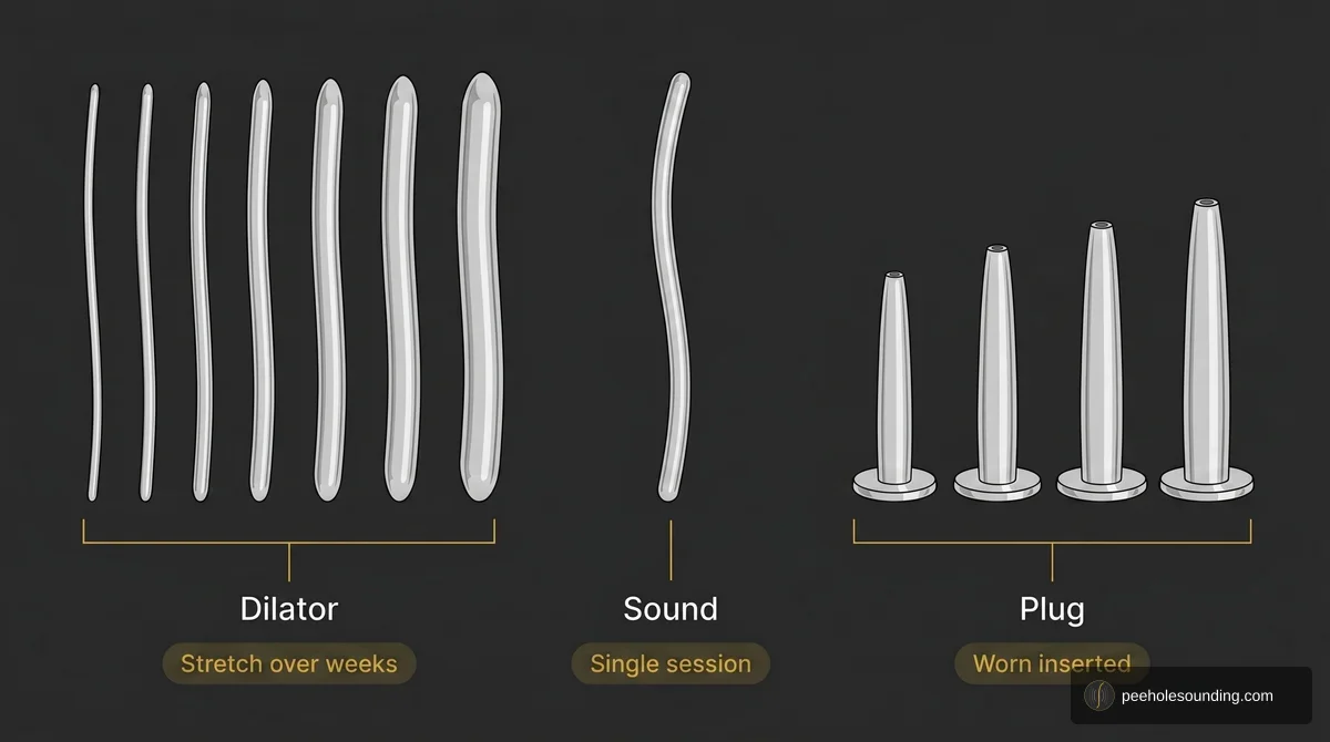 Educational diagram comparing three device types: graduated dilator rods, a curved sounding rod, and flared-base insertion plugs.