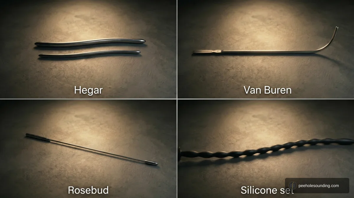 A four-panel comparison grid showing different types of medical dilators: Hegar, Van Buren, Rosebud, and a textured silicone set.