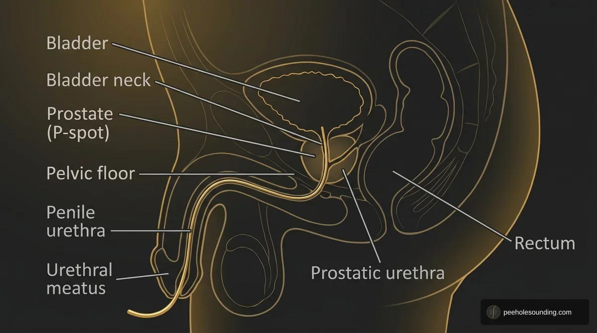 Sagittal anatomical diagram of male pelvis showing bladder, prostate, pelvic floor, urethra sections, and rectum with labels.