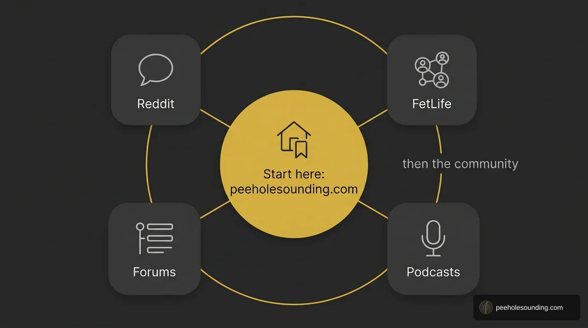 Hub-and-spoke diagram showing peeholesounding.com as the central hub connecting to Reddit, FetLife, Forums, and Podcasts community nodes.
