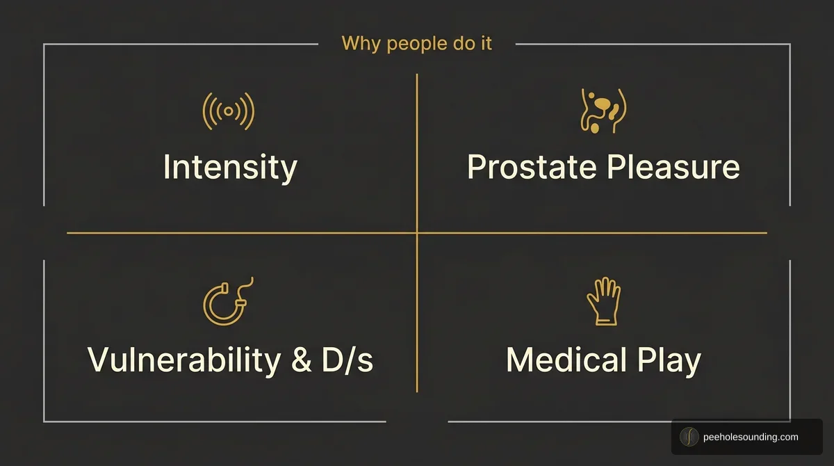 Quadrant infographic titled 'Why people do it' detailing four categories: Intensity, Prostate Pleasure, Vulnerability & D/s, and Medical Play.