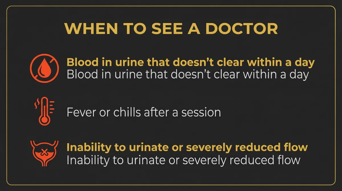 Infographic showing medical symptoms for doctor consultation: blood in urine, fever/chills, or inability to urinate.