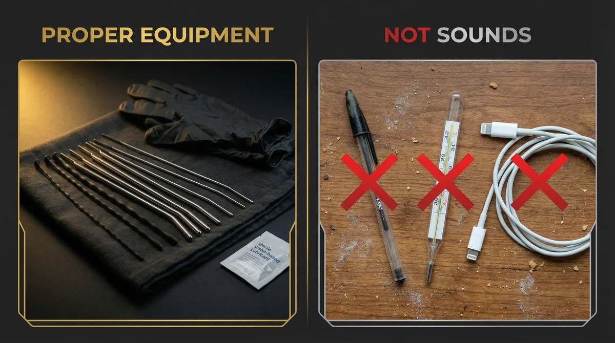 A set of sterile urethral sounds, medical gloves, and water-based lubricant, contrasting with non-sterile household items deemed improper.