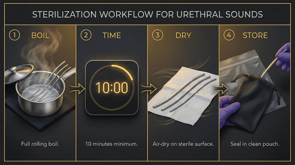 Workflow diagram detailing the four-step sterilization process for urethral sounds: boil, time (10 min), dry, and store in a clean pouch.