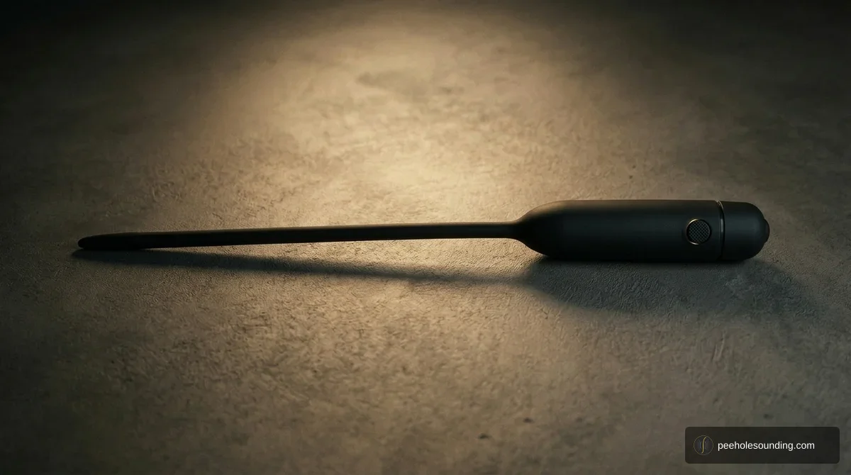 Vibrating urethral sound: silicone rod with built-in motor and control button at the base.