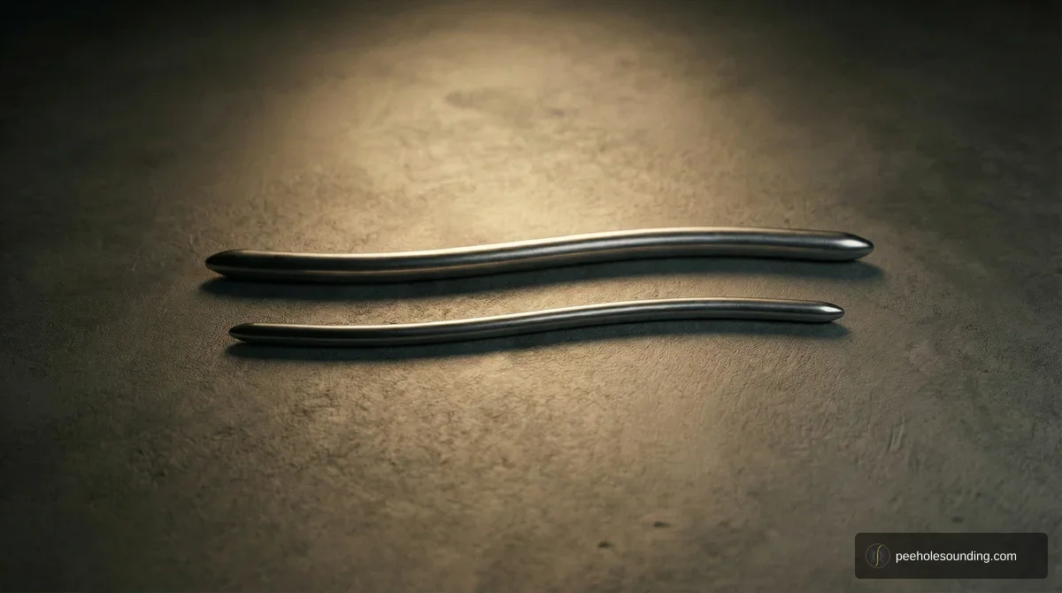 Hegar urethral sounds: two double-ended steel rods with gentle S-curve, different sizes, on dark surface.