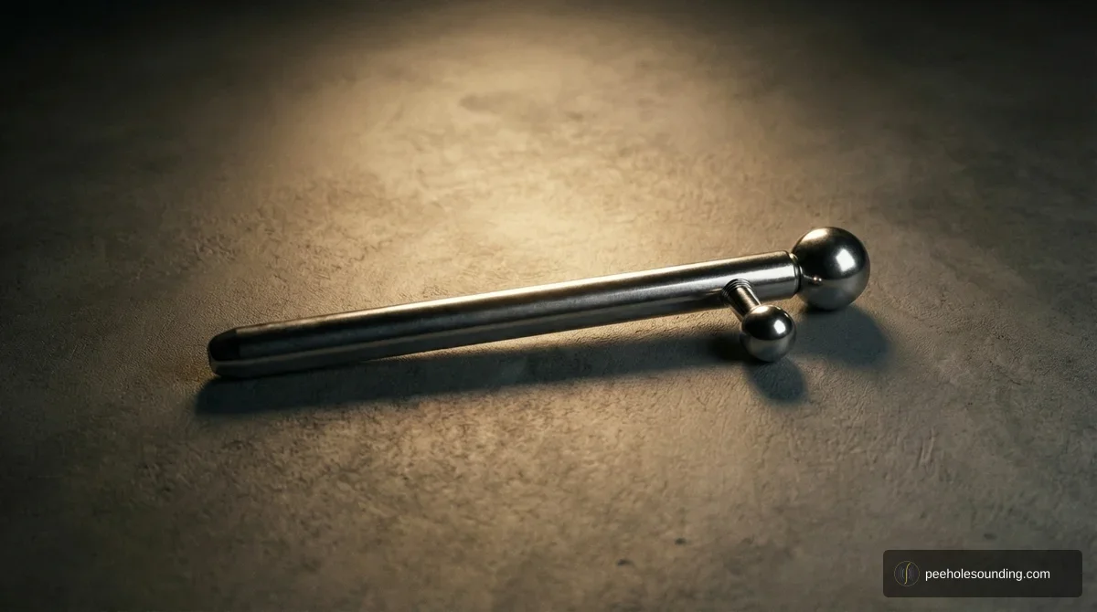 Glans ring penis plug: steel plug attached to a circular ring that secures around the glans for safe wearable play.