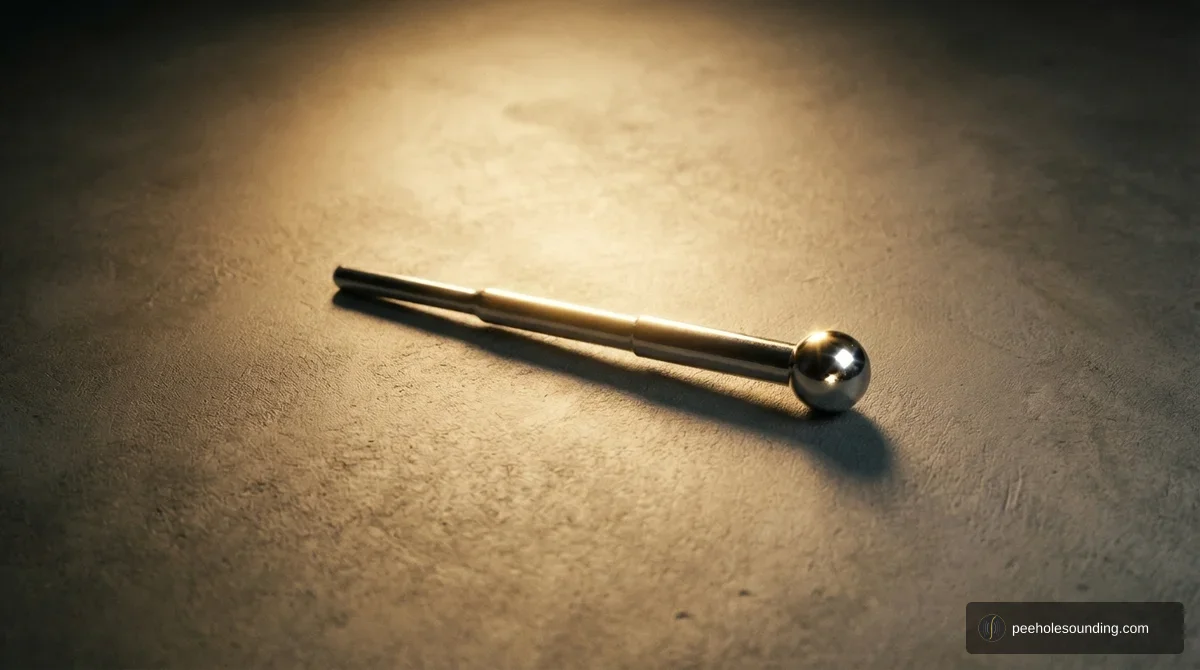 Solid penis plug: short polished steel rod with decorative spherical end for shallow urethral stimulation.