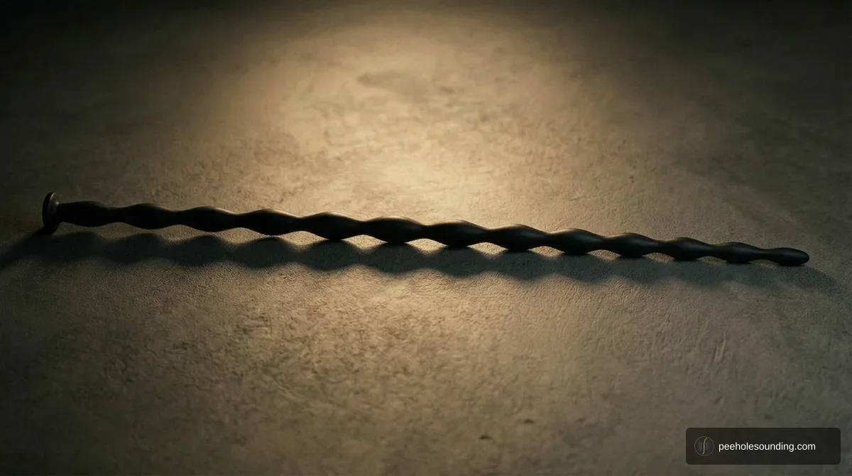 Ribbed silicone urethral sound: flexible rod with raised ring ridges along the shaft for textured stimulation.