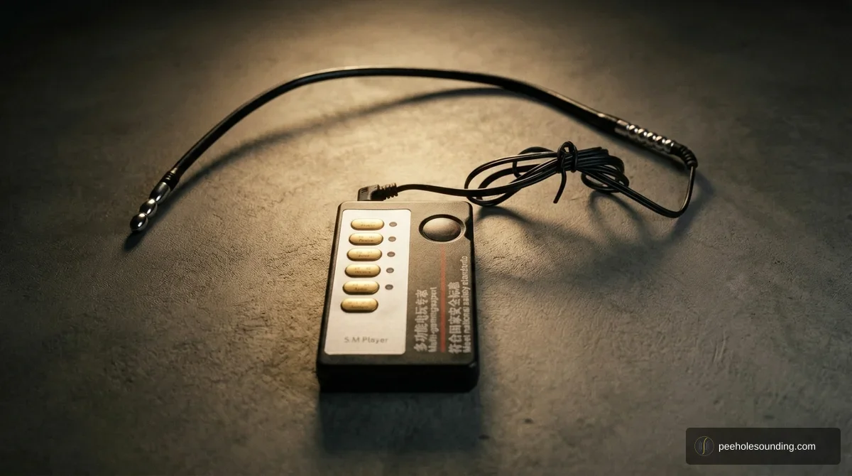 Electrostimulation urethral sound: e-stim power box connected to a conductive steel sound with bipolar contacts.