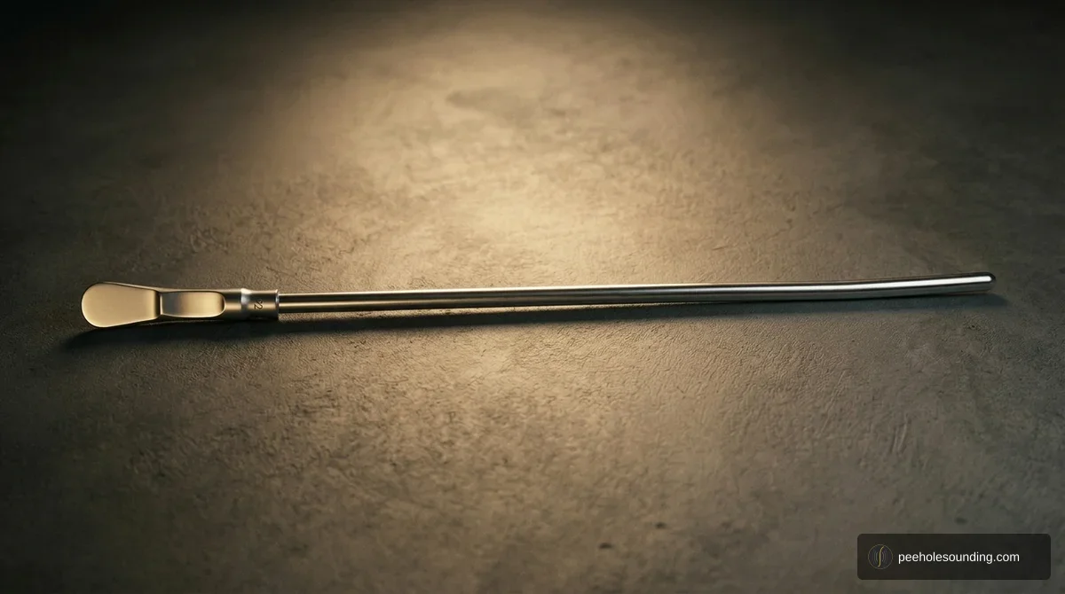 Pratt urethral sound: long double-ended steel rod with gradual curves on each side.