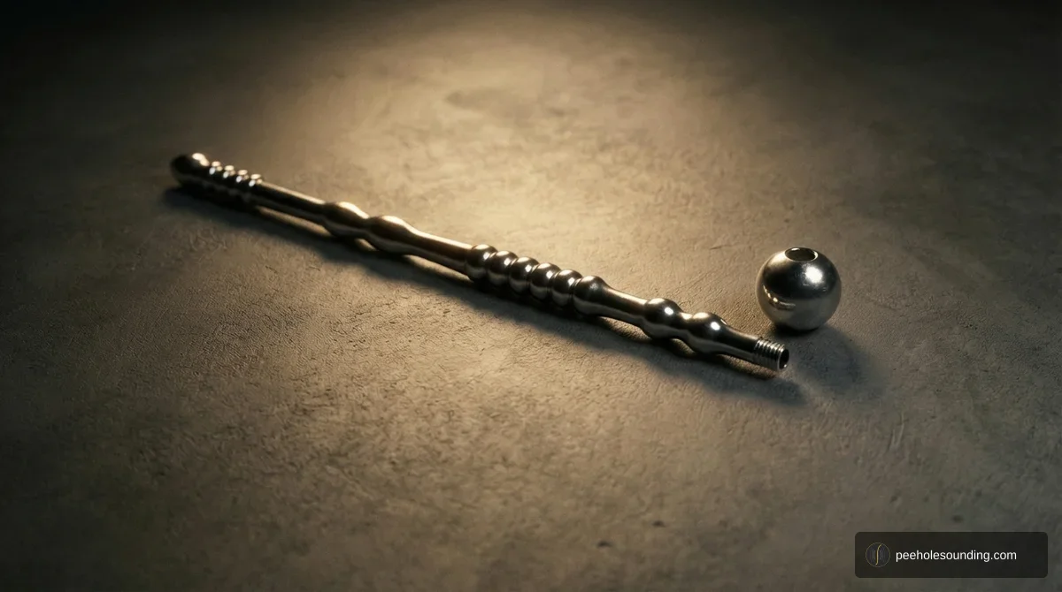 Short hollow urethral sound: compact steel through-hole design for women, with visible channel for fluid passage.