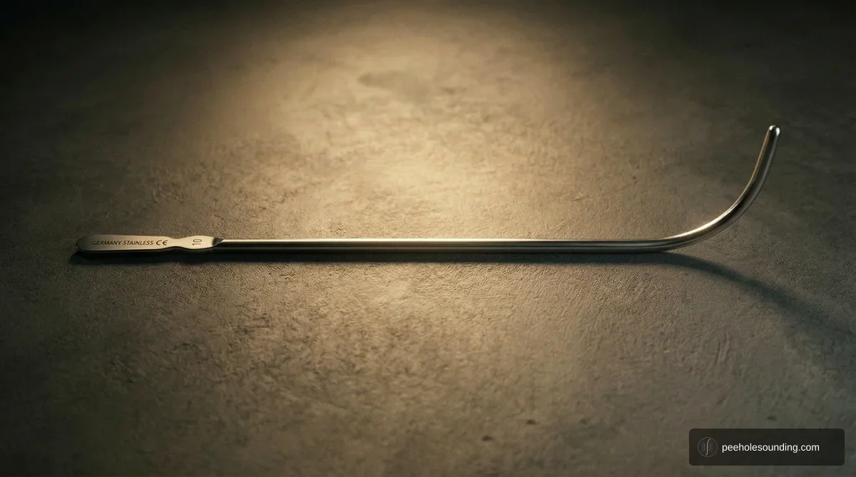 Guyon urethral sound: steel instrument with extreme curve, more pronounced than Van Buren design.