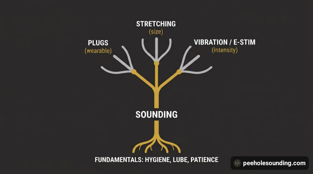 Conceptual diagram illustrating 'SOUNDING' as a tree-like structure with branches for 'STRETCHING', 'PLUGS', 'VIBRATION/E-STIM', and roots for 'FUNDAMENTALS'.