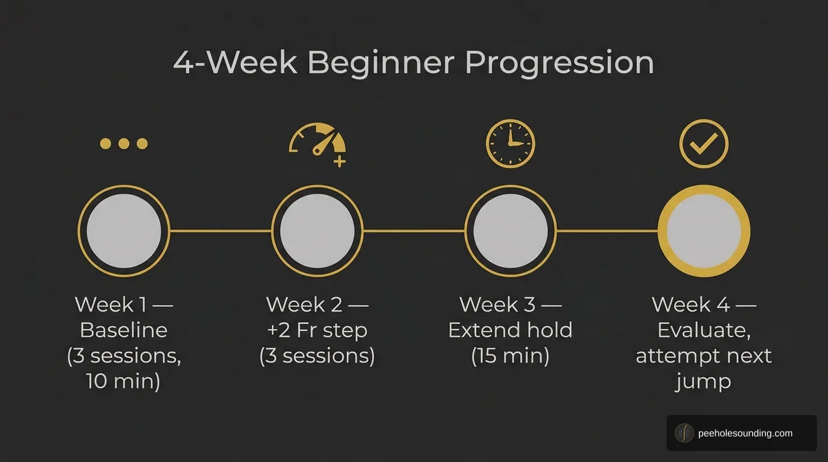 A 4-week beginner progression timeline displaying weekly training steps: baseline, increased frequency, extended hold, and evaluation for next jump.