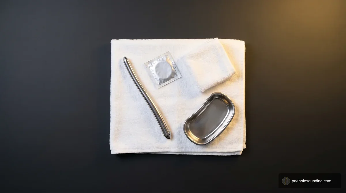 Urethral sound, foil-wrapped condom, folded towel, and stainless steel kidney basin on white fabric.