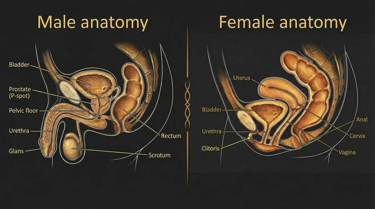 Comparative sagittal view diagram of male and female reproductive and urinary anatomy, with key organs like bladder, uterus, prostate, and urethra labeled.