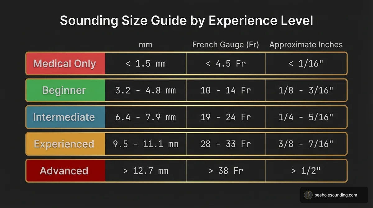 Technical guide table for sounding sizes, categorized by experience level, displaying measurements in mm, French Gauge (Fr), and inches.