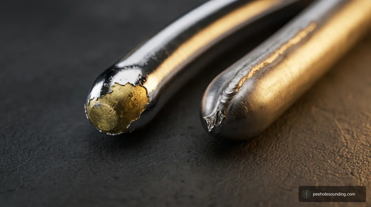 Close-up showing chrome plating delamination on a metal rod, exposing the brass substrate, next to an uncoated reference rod.