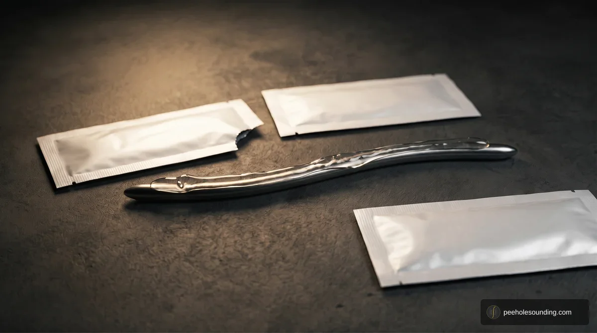 Curved metallic ergonomic massage wand with clear gel, shown with three white single-use lubricant sachets on a dark textured background.