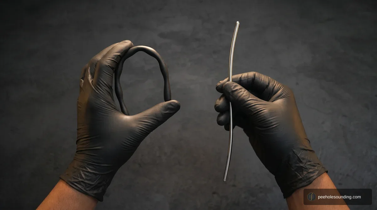 Two hands in black gloves demonstrating material properties by comparing a highly flexible black polymer rod with a rigid metallic wire.