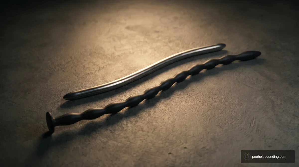A smooth, curved stainless steel urethral sound next to a flexible black beaded silicone sound with a flared base on a textured dark surface.