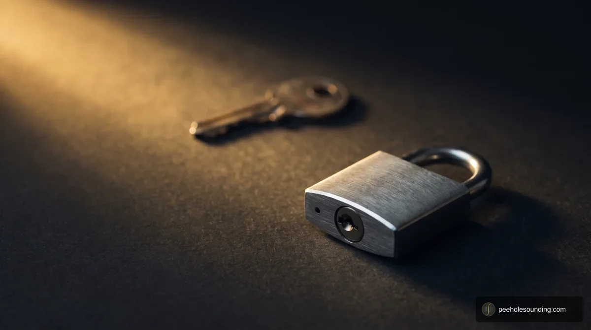 Close-up of a locked brushed steel padlock in sharp focus with a blurred metal key in the background under warm, dramatic side lighting.