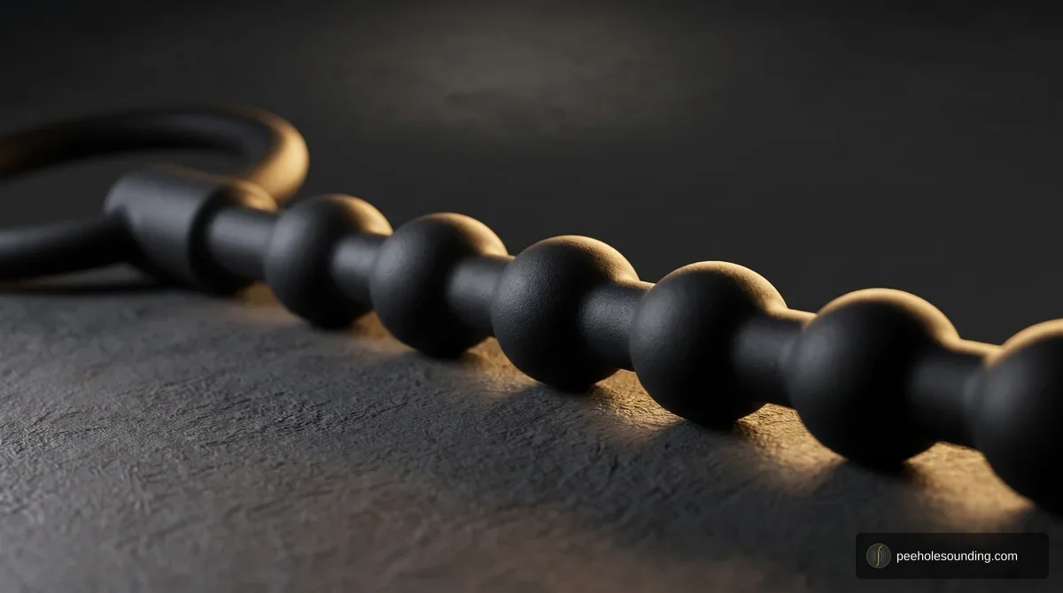 Close-up of a black silicone beaded sound: evenly spaced spheres running along a slim shaft, with a looped end that stays outside the body.