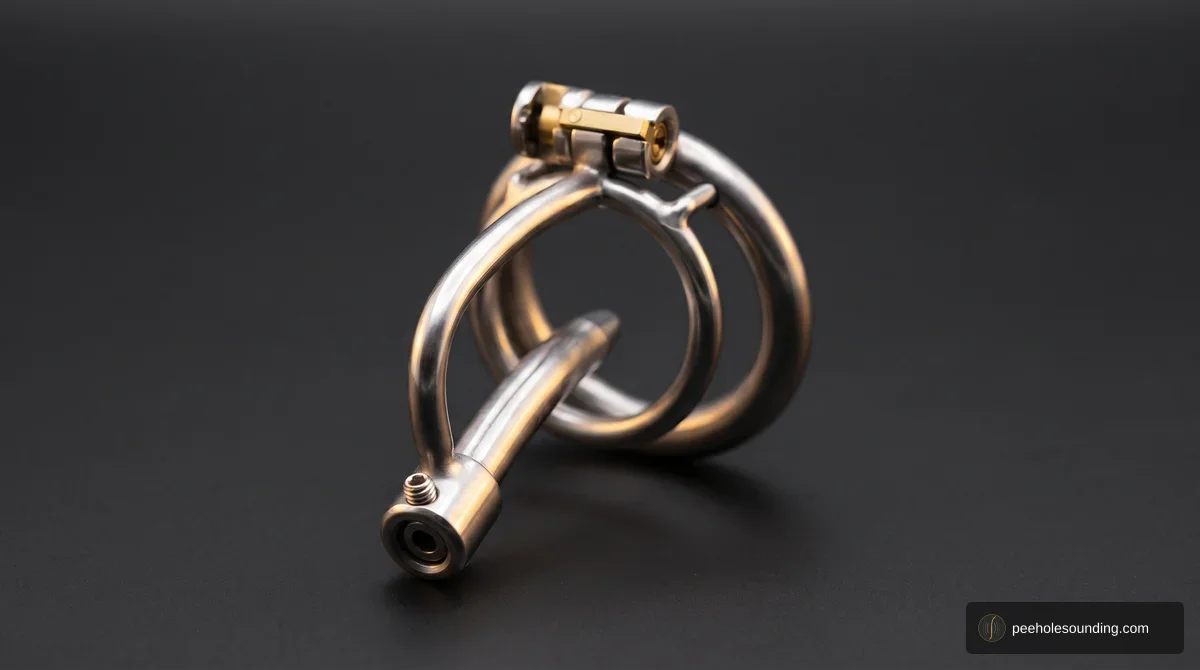 Medical-grade stainless steel male chastity device featuring an integrated urethral tube and brass lock mechanism on a dark background.