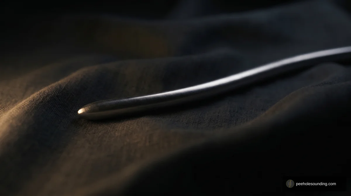 A curved metal sound with a rounded tip rests on a dark, textured fabric, illuminated by soft warm light.