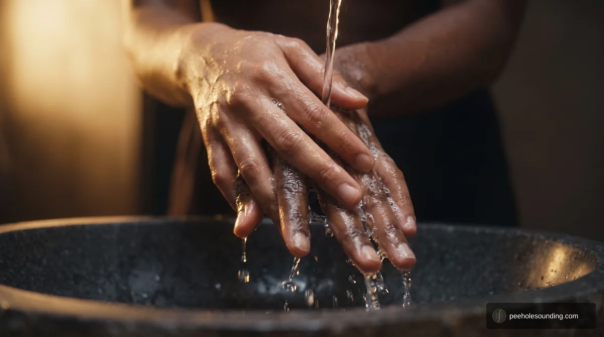 Close-up of wet hands being washed under a stream of running water over a dark stone basin with warm lighting.