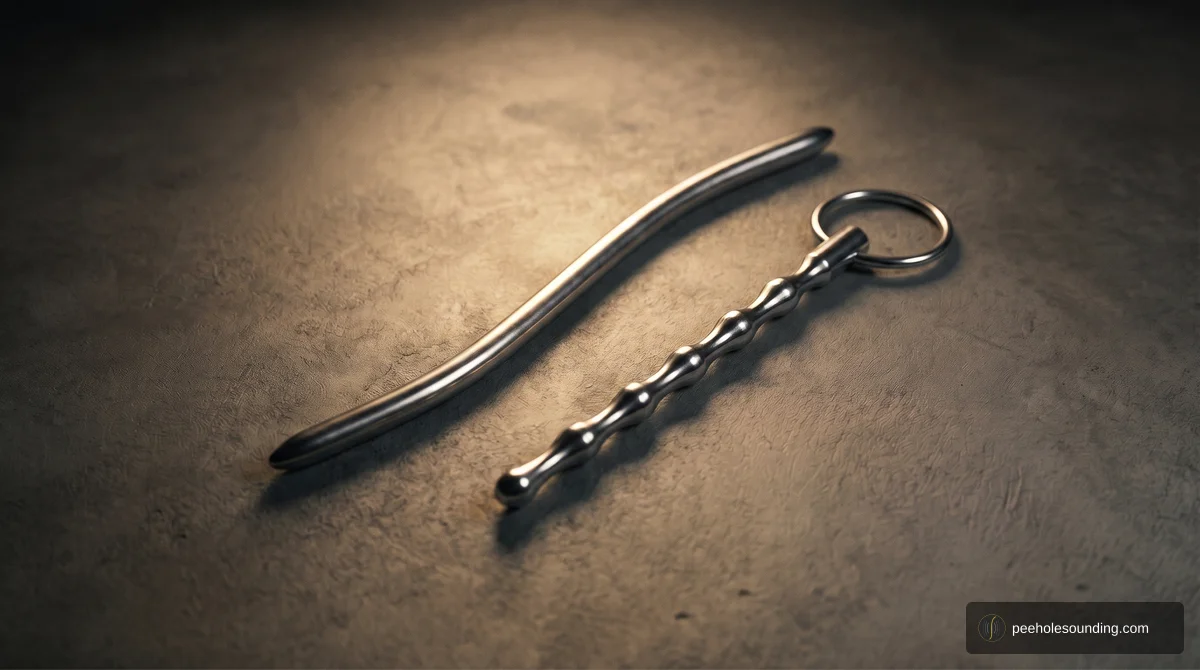Two stainless steel urethral sounds, one curved and one beaded with a ring handle, lie on a textured grey surface under warm, focused light.