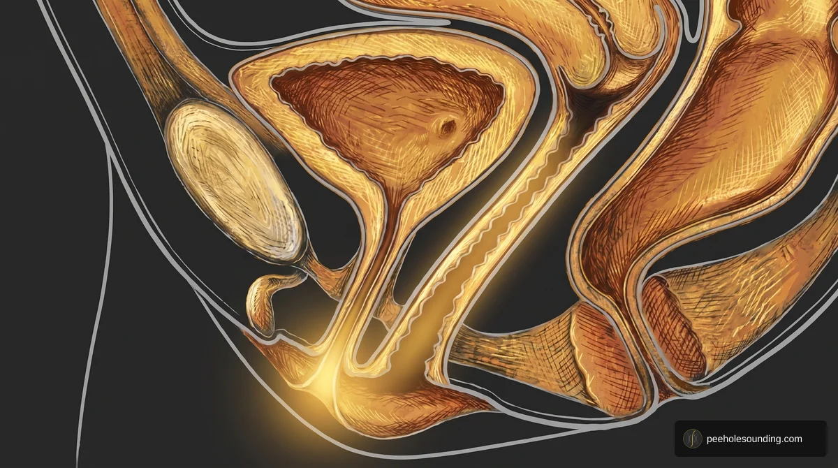 Stylized illustration of female pelvic anatomy in cross-section, featuring a golden glow highlighting the urethral tract.