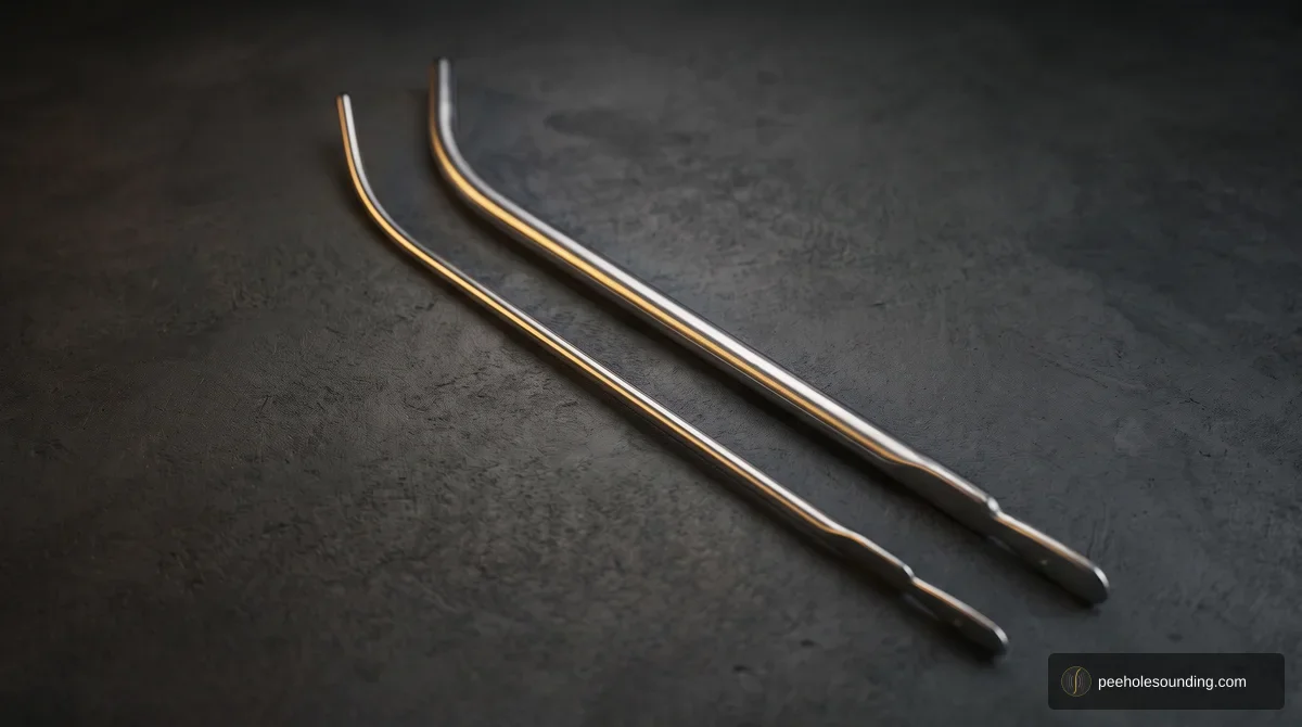Two polished stainless steel surgical dilator instruments with curved shafts and flat handles on a dark textured surface